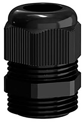 Schwarze Kabelverschraubung aus Kunststoff, zylindrische Form mit geripptem Gewinde, geeignet für Kabeldurchführungen und Abdichtungen.
