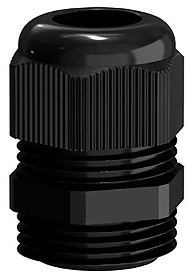 Ein schwarzer Kabelverschraubungsanschluss für die sichere Befestigung von Kabeln an Gehäusen, mit gerippter Oberfläche.
