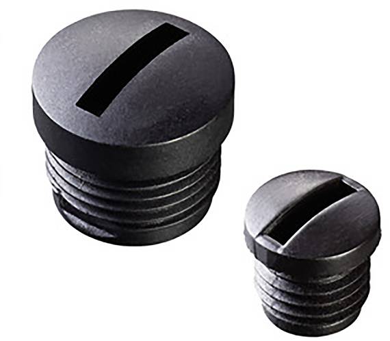 Zwei schwarze Schrauben mit Schlitzkopf in unterschiedlicher Größe, vor weißem Hintergrund.