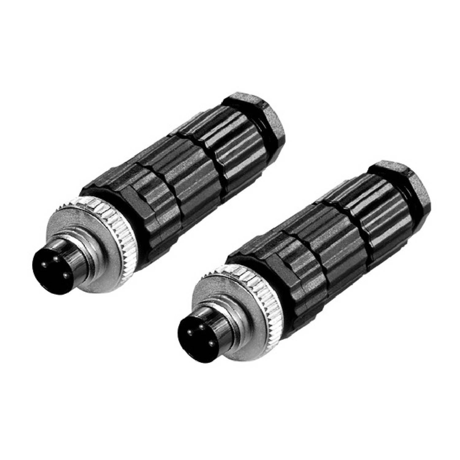Zwei identische schwarze und graue HF-Stecker nebeneinander auf weißem Hintergrund, jeweils mit geriffeltem Gehäuse und rundem Anschluss.