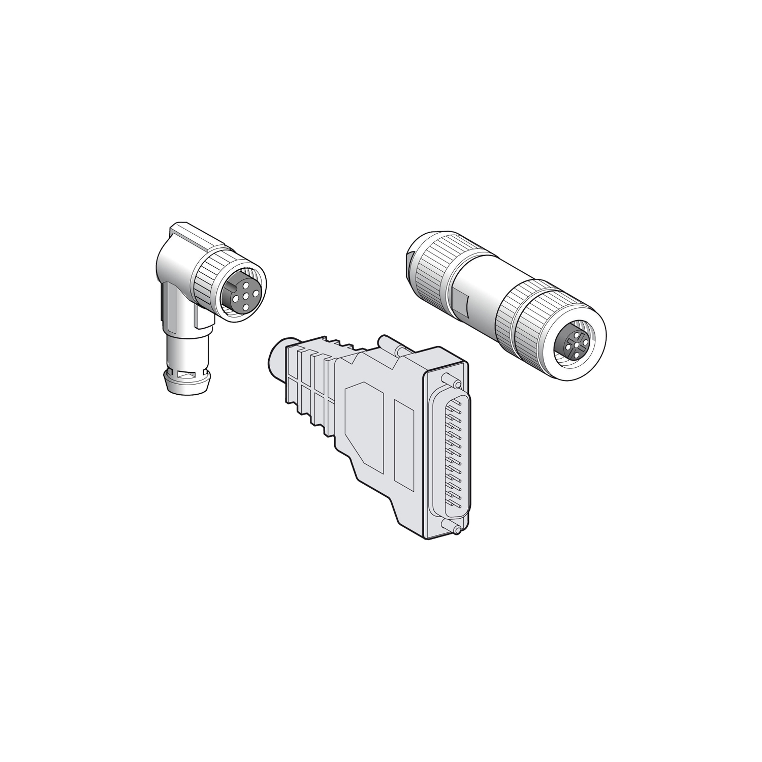 Verschiedene Steckverbinder: ein rechtwinkliger runder Stecker, ein gerader runder Stecker und ein D-Sub Stecker, dargestellt in einer technischen Zeichnung.
