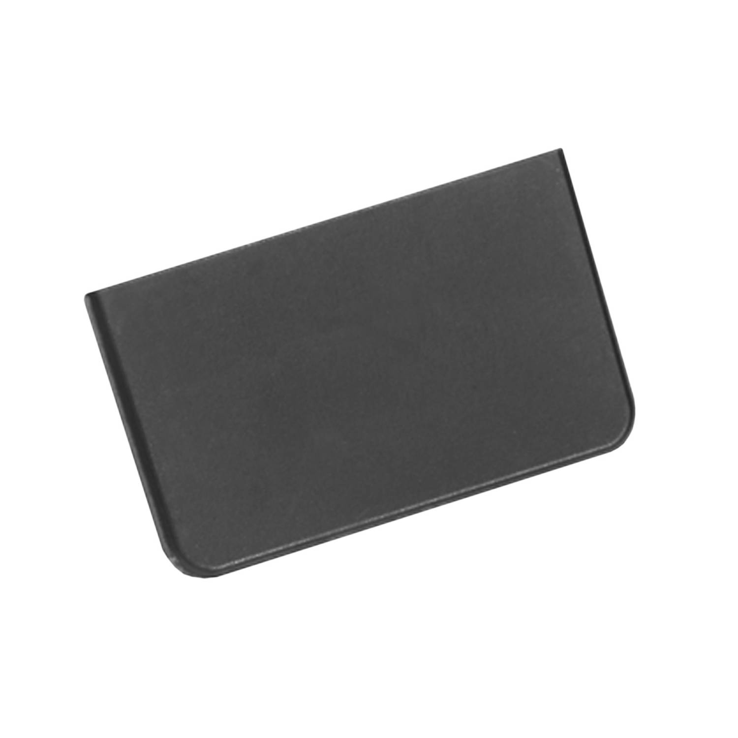 Schwarzes, rechteckiges Objekt mit abgerundeten Ecken, möglicherweise ein Etui oder eine schmale Schachtel, auf weißem Hintergrund.