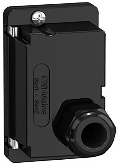 Ein schwarzes, rechteckiges Kunststoffgehäuse mit Gewindebohrung, kennzeichnet mit: 'CIN-Mains' und 'S4.01 / S4.02'.