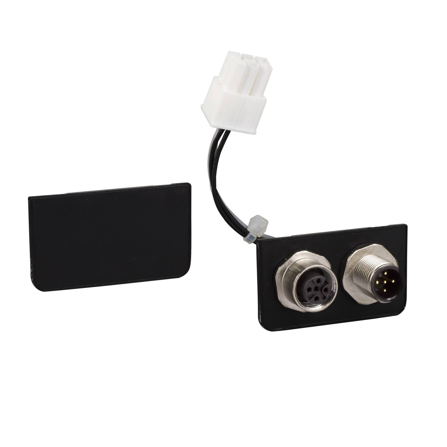 Zwei schwarze Steckverbinder mit weißen Kabeln und Metallverschlüssen. Einer hat vier Löcher, der andere vier Stifte. Beide haben eine rechteckige Abdeckung.