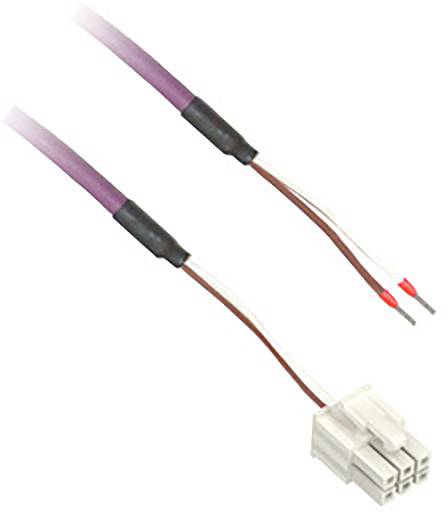 Doppellitzenkabel mit weißem Stecker und violetter Ummantelung, isolierte Enden, für elektrische Verbindungen verwendet.