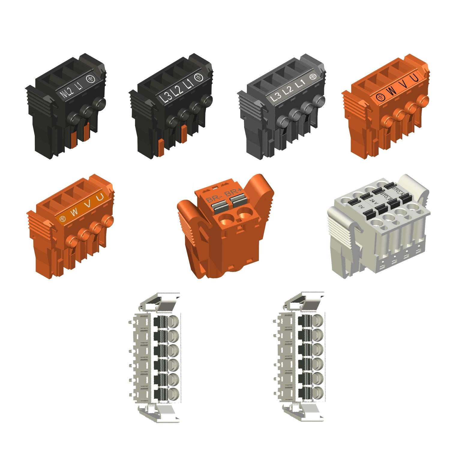 Elektrische Steckverbinder in verschiedenen Formen und Farben, darunter schwarz, grau und orange, in zwei Reihen angeordnet.