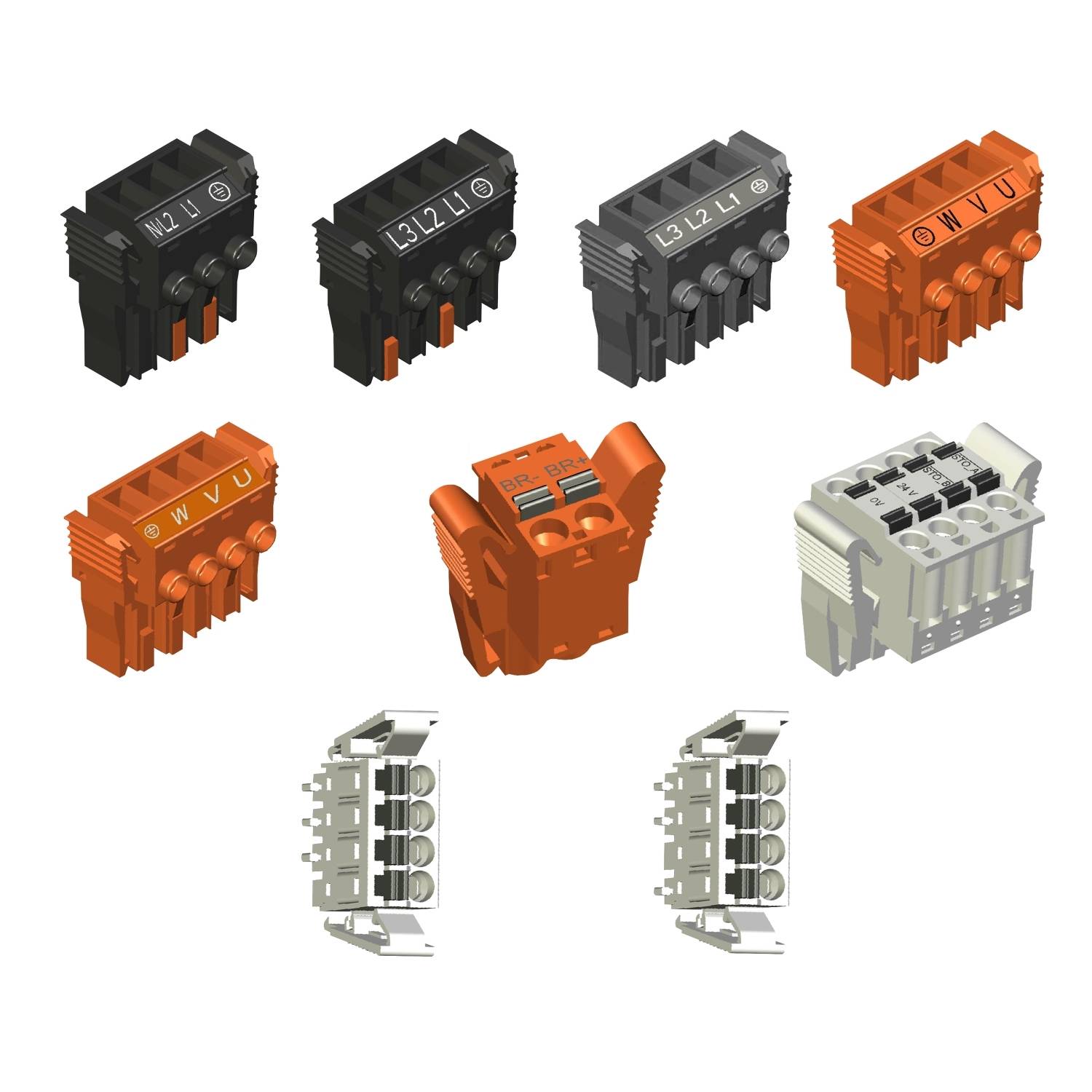 Mehrere Arten von elektrischen Steckverbindern in verschiedenen Farben und Designs, die unterschiedliche Schaltkreise und Anschlüsse darstellen.