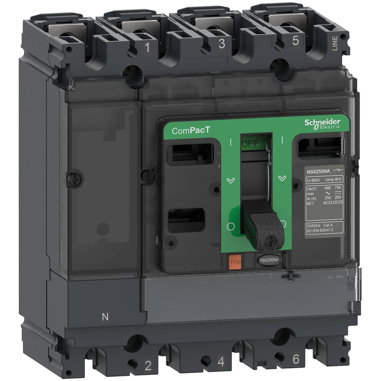 Leistungsschalter von Schneider Electric mit grünem Kippschalter, beschriftet mit 'ON' und 'OFF'. Modelleinschrift 'ComPacT'.