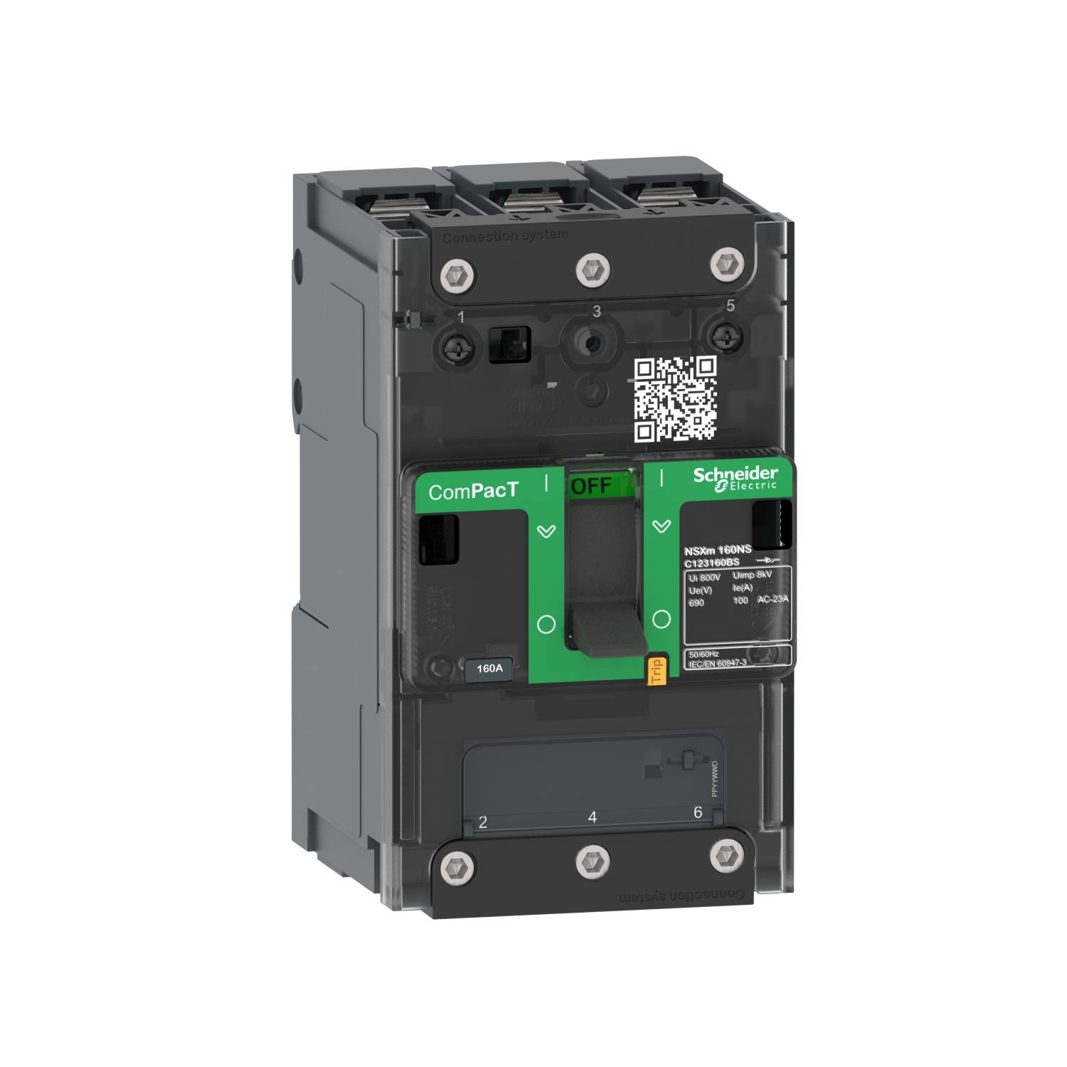 Leistungsschalter mit schwarzem Gehäuse, grüner 'ComPacT' Aufschrift und QR-Code, dient zum Schutz elektrischer Systeme.