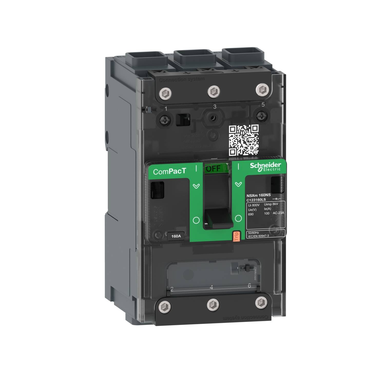 Schwarz-grüner kompakter Schutzschalter mit Schalter in Position 'OFF', QR-Code und Herstellerlogo oben.