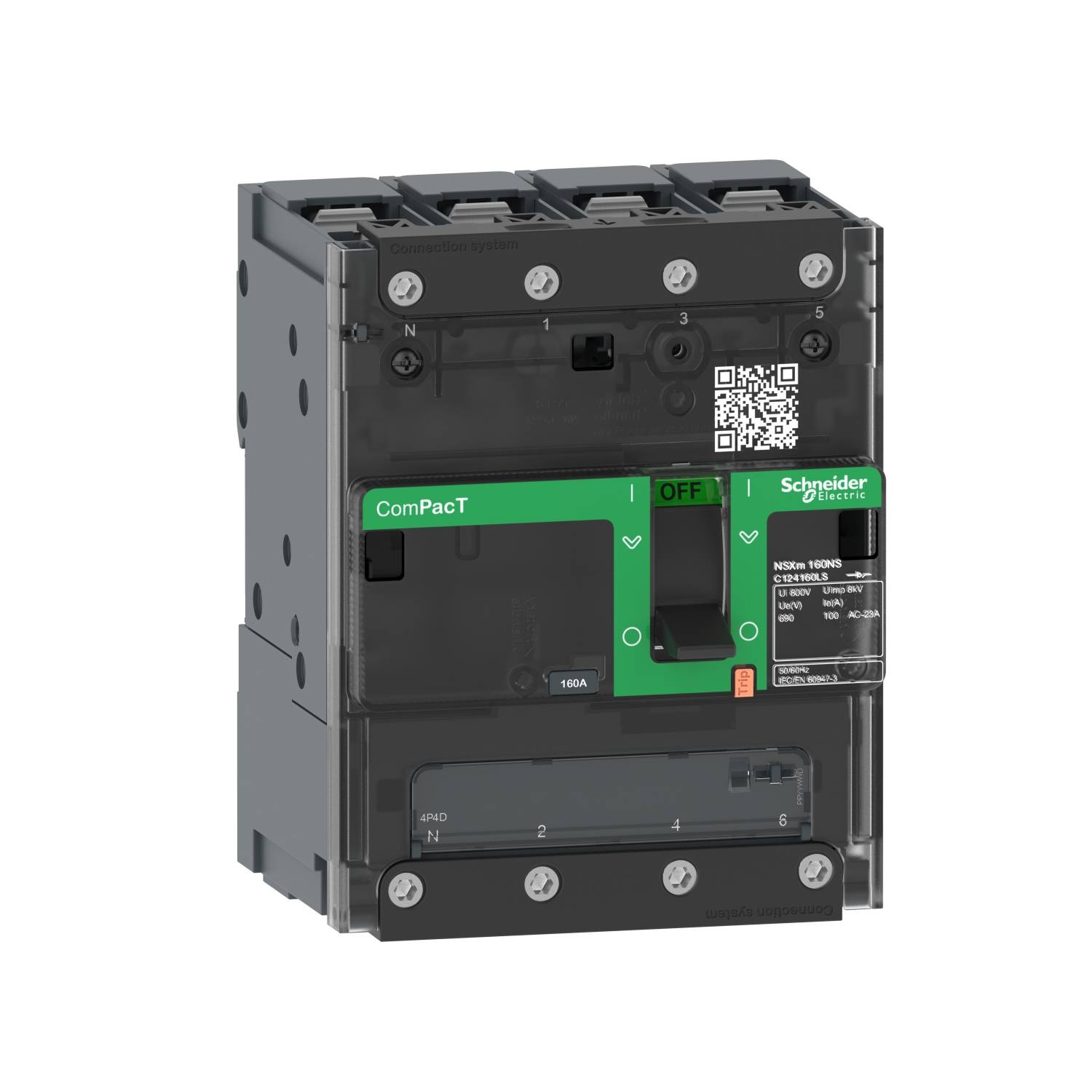 Ein schwarzer und grüner Leistungsschalter von Schneider Electric, Modell ComPact 160A, mit 'ON'/'OFF'-Beschriftungen und QR-Code.