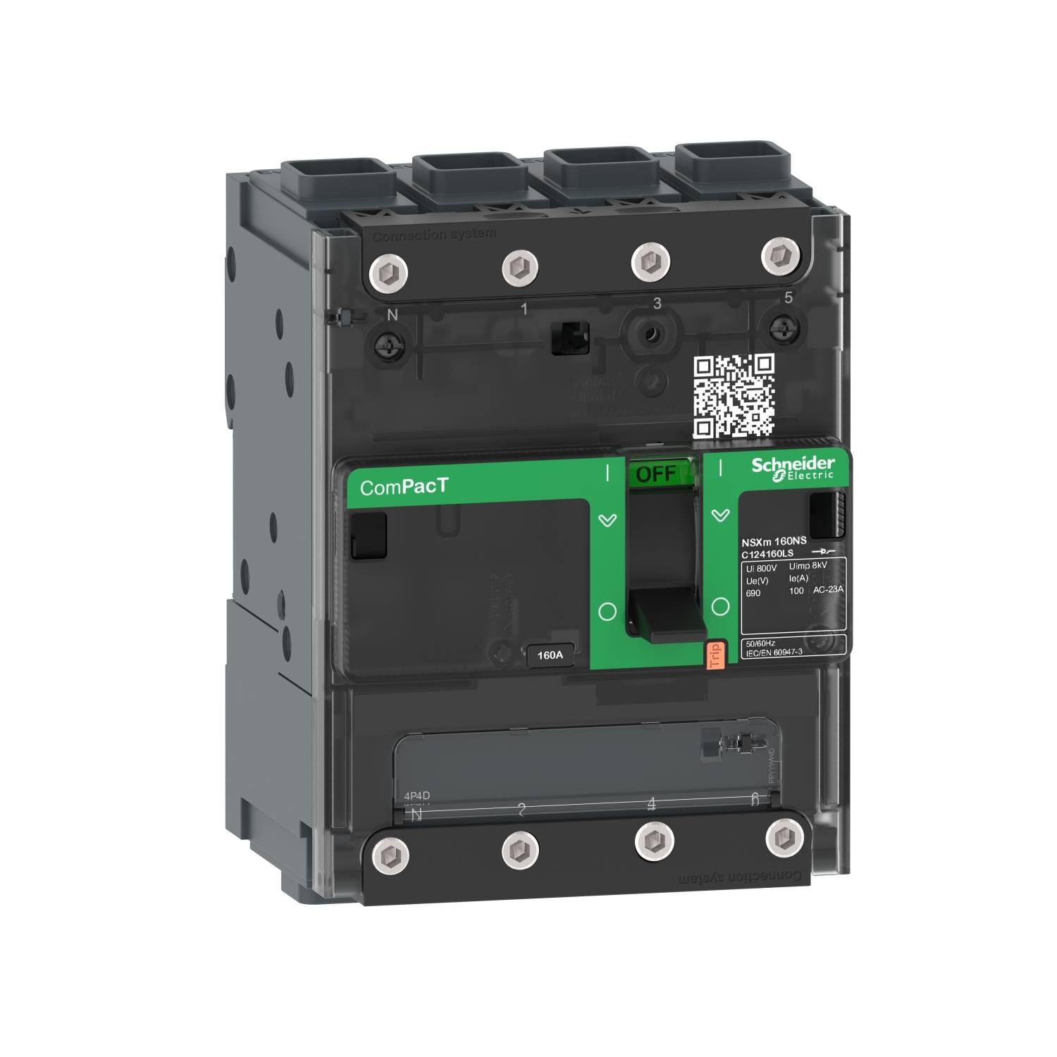 Ein schwarzer Leistungsschalter mit grünem Etikett und QR-Code, Hersteller: Schneider Electric. 180A Kapazität.