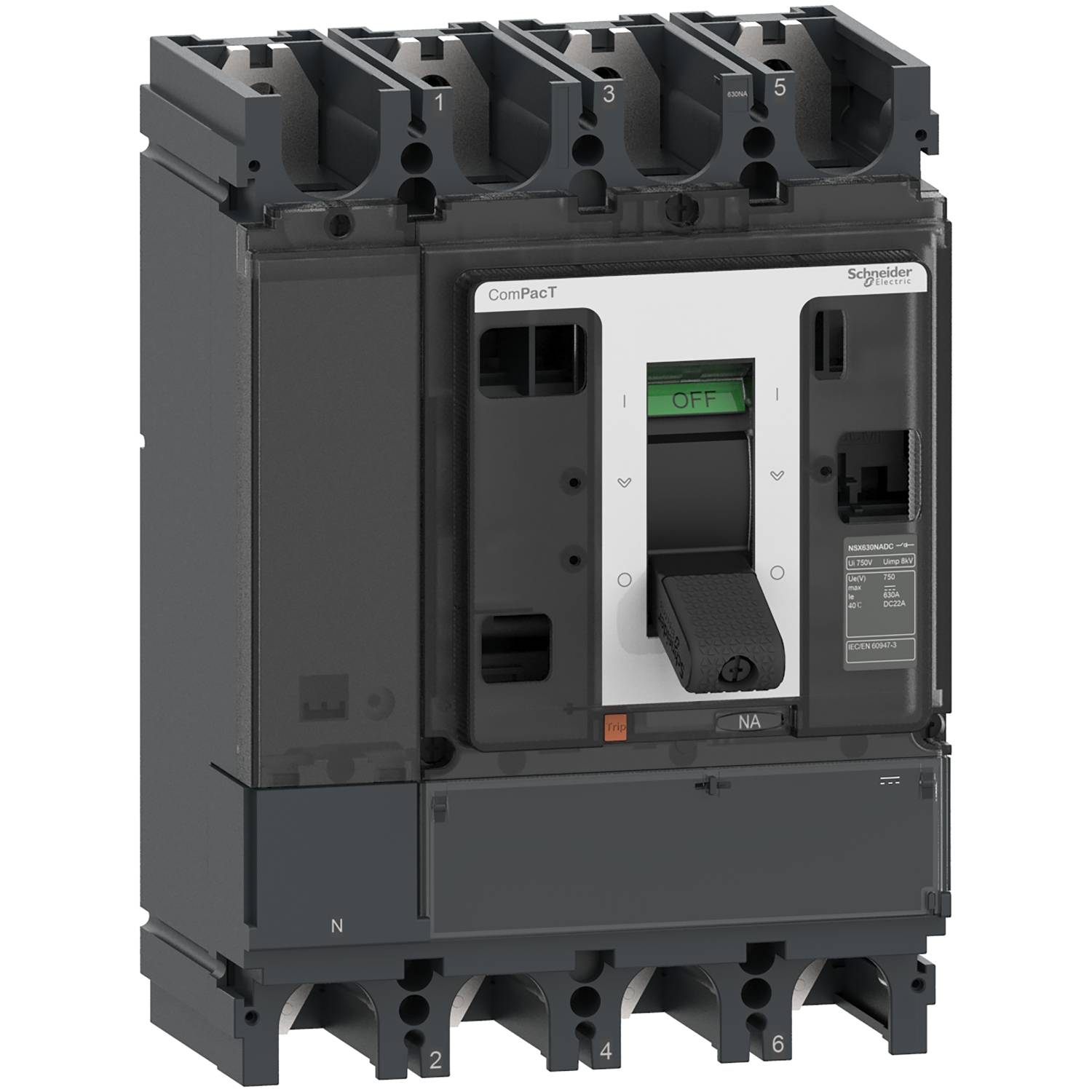 Ein schwarz-grauer elektrischer Leistungsschalter der Marke Schneider Electric, Modell Compact NSX, mit fünf Anschlüssen oben.