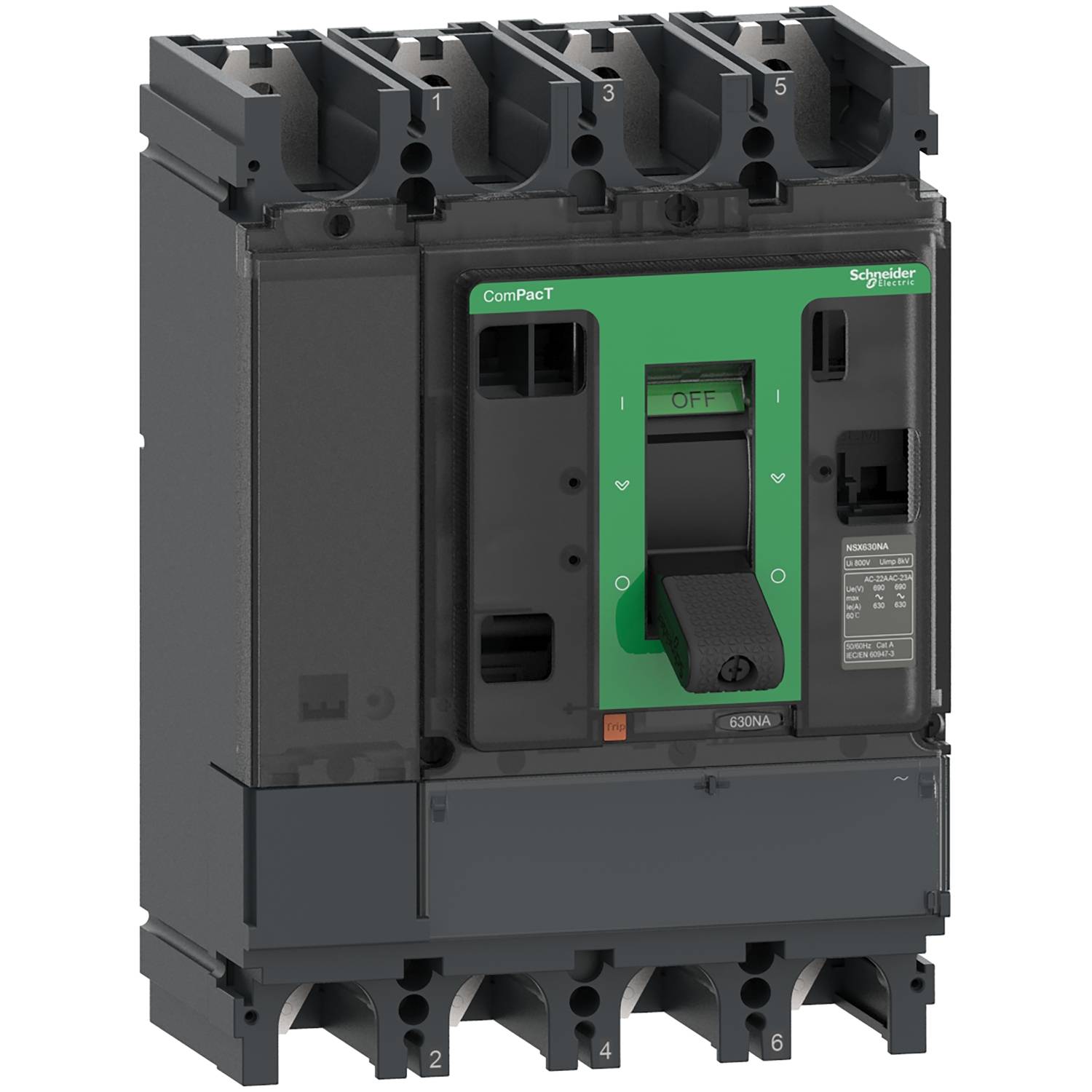 'ComPacT' Leistungsschalter von Schneider Electric, grün-schwarz, fünf Phasen. Konzipiert für industrielle Anwendungen.