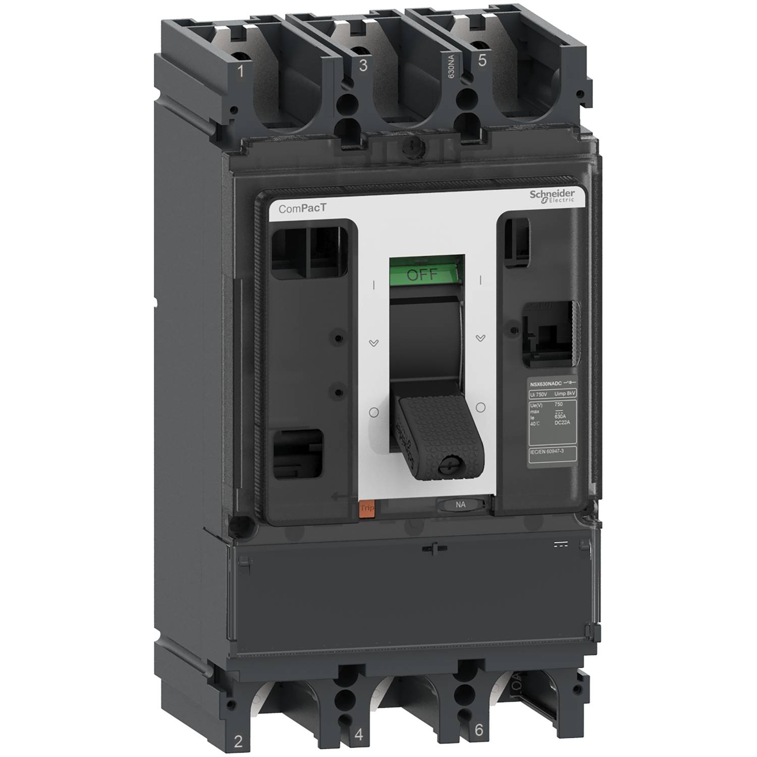 Leistungsschalter der Marke Schneider Electric, Modell ComPacT, zeigt Schalter mit 'OFF'-Position, geeignet für industrielle Anwendungen.