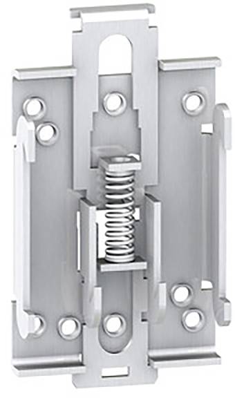 Metallische Halterung mit Feder in der Mitte, mehrere Befestigungslöcher und Klemmen an den Seiten, dient zur sicheren Befestigung.