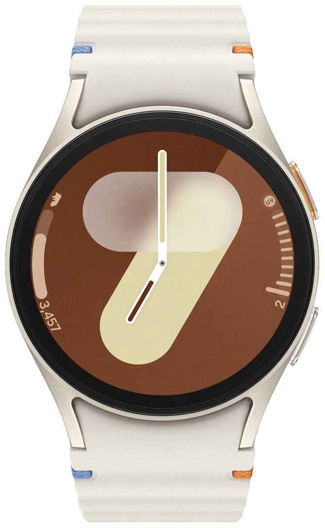 Eine moderne Smartwatch mit rundem Zifferblatt und minimalistischem Design. Die Anzeige zeigt eine stilisierte Uhrzeit in Braun- und Beigetönen.