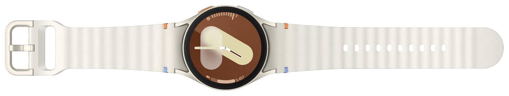 Eine Smartwatch mit weißem Armband und rundem Zifferblatt zeigt die Uhrzeit an.