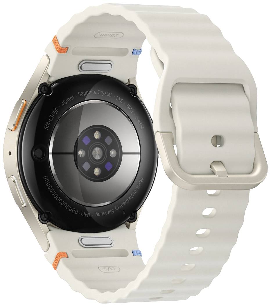 Rückansicht einer Smartwatch mit weißem Armband, die Sensoren und Anschlüsse zeigt.