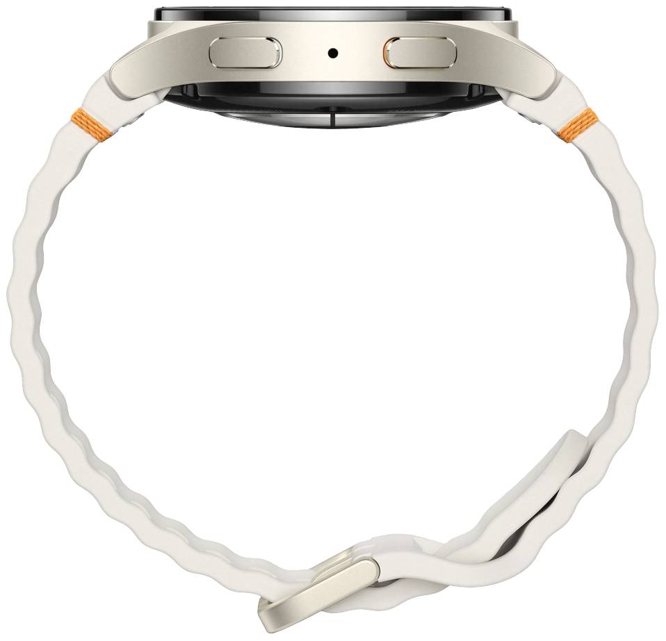 Eine Smartwatch von der Seite; zeigt zwei Bedientasten. Das hellgraue Armband hat eine gewellte Struktur mit orangenen Akzenten.