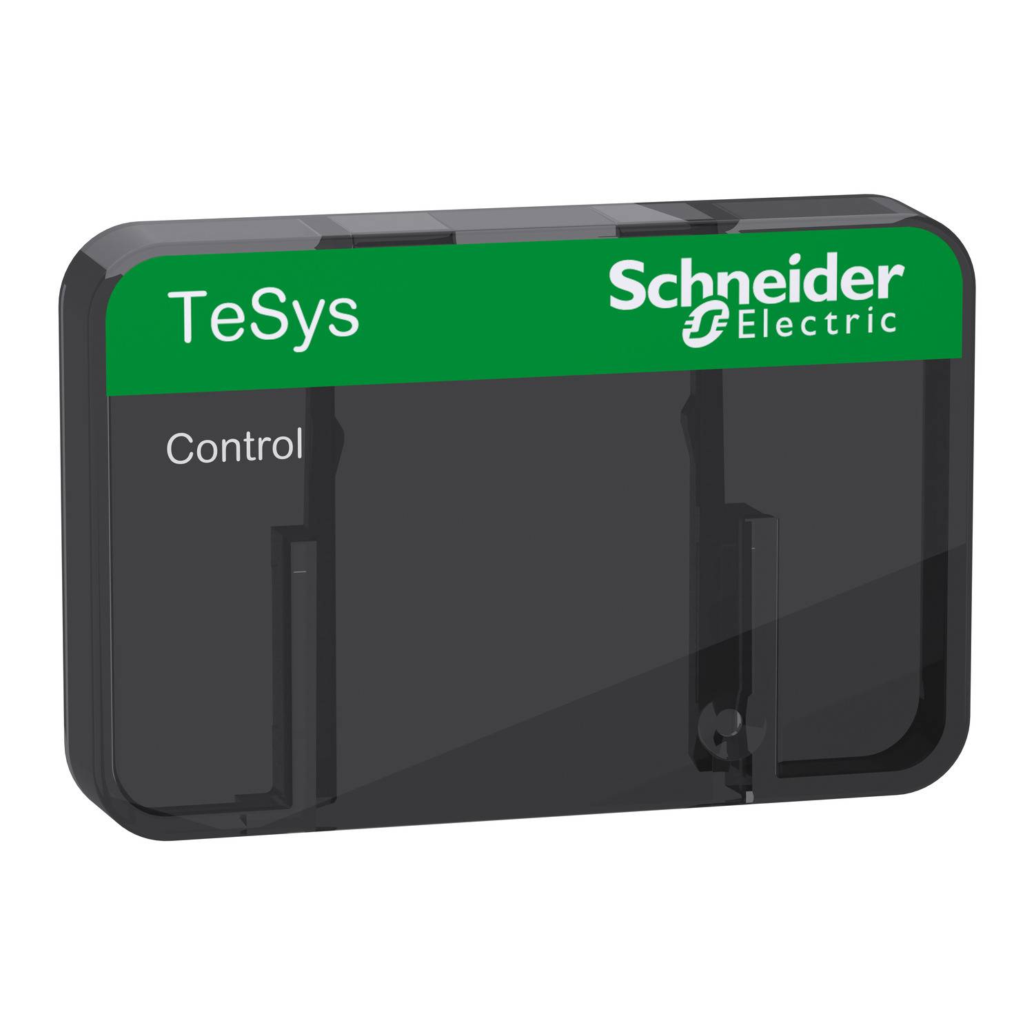 'Frontabdeckung TeSys Steuerung' von Schneider Electric, rechteckig, schwarz mit grüner Oberseite und Markenlogo oben rechts.