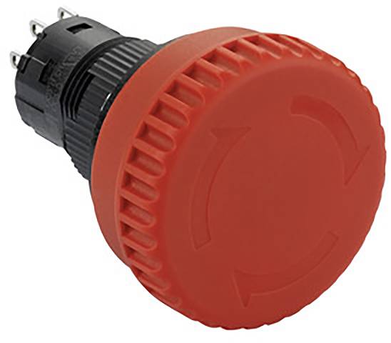 Ein roter Not-Aus-Schalter mit einem geriffelten Rand, der zur Sicherheit in Maschinen und elektrischen Geräten verwendet wird.