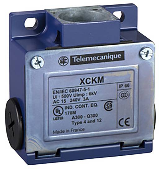 Elektrische Schaltkomponente mit Gehäuse; Aufschrift 'Telemecanique XCKM', techn. Daten: IP66, 500V, 240V AC, 3A, hergestellt in Frankreich.