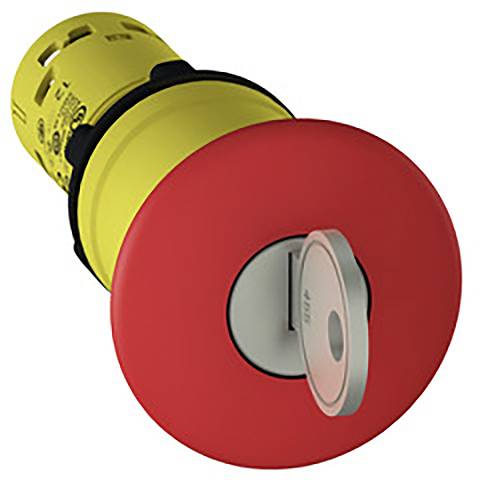 Großer roter Not-Aus-Schalter mit gelbem Gehäuse, symbolisiert Sicherheitsmaßnahmen zur sofortigen Maschinenabschaltung in Notfällen.