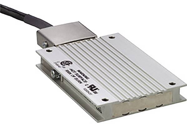 Kompakte, silberne elektronische Komponente mit Kühlrippen, angeschlossen an ein Kabel, geeignet für Elektronik- oder Wärmeableitungsanwendungen.
