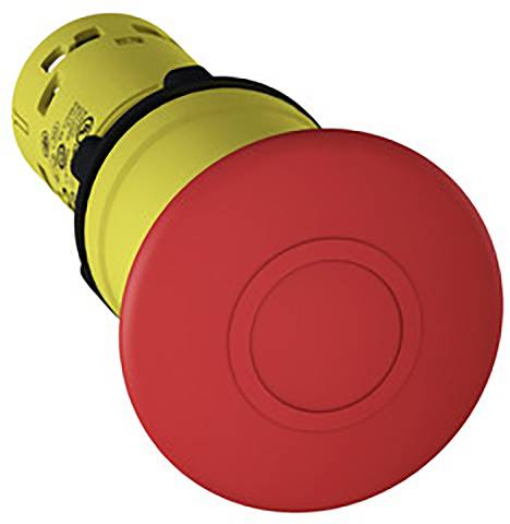 Roter Not-Aus-Knopf an einem gelben Gehäuse, oft verwendet zur schnellen Abschaltung von Maschinen oder Systemen in Notfällen.