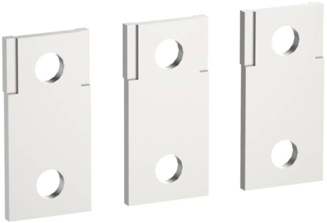 Drei rechteckige, metallische Laschen mit jeweils zwei Löchern, nebeneinander angeordnet. Geeignet für Montage oder Befestigung.