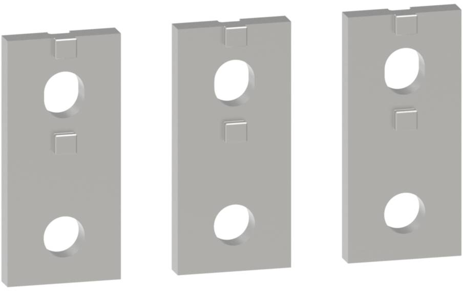 Drei graue Metallplatten mit jeweils zwei vertikalen Löchern und einem erhabenen Rechteck zwischen den Löchern sind nebeneinander angeordnet.