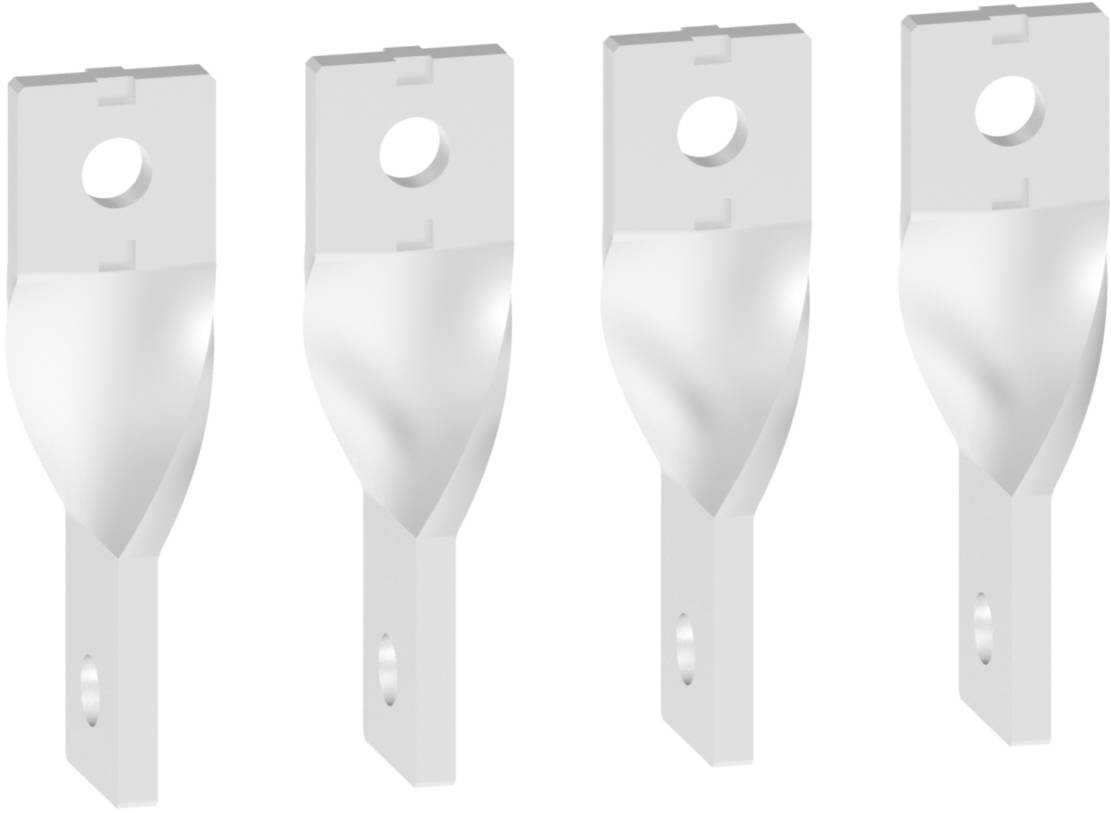 Vier silberne Kabelschuhe in einer Reihe. Jeder hat ein Loch für die Befestigung und ist für den Anschluss an Kabel geeignet.