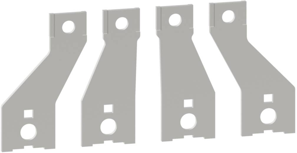 Vier identische graue Metallbefestigungswinkel mit jeweils zwei Löchern, die in einer Reihe nebeneinander angeordnet sind.