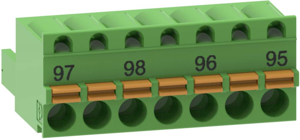 Grüner Steckverbinder mit sechs nummerierten Anschlüssen: 95, 96, 97, 98. Geeignet zur elektrischen Verdrahtung.