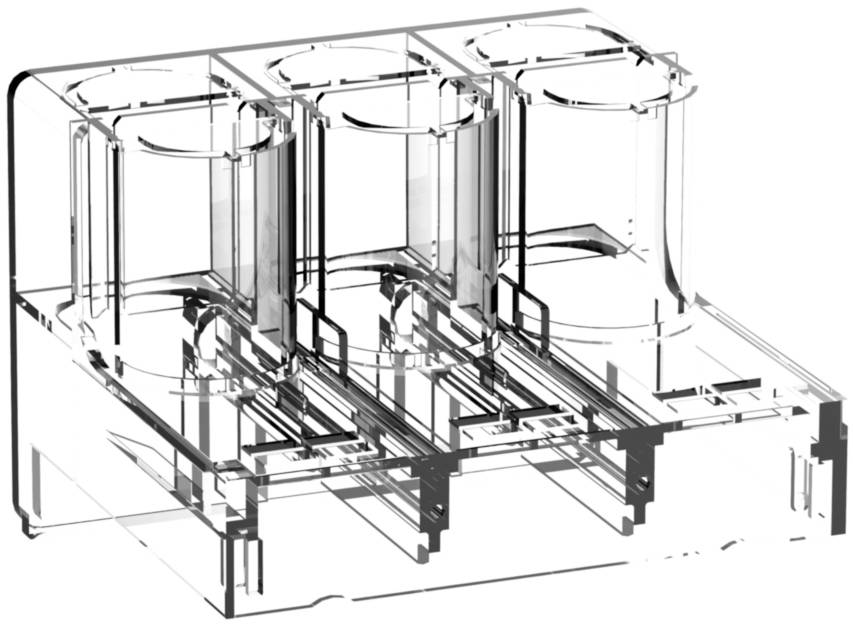Transparente Kunststoffhalterung mit drei runden Fächern, sichtbar von der Seite.