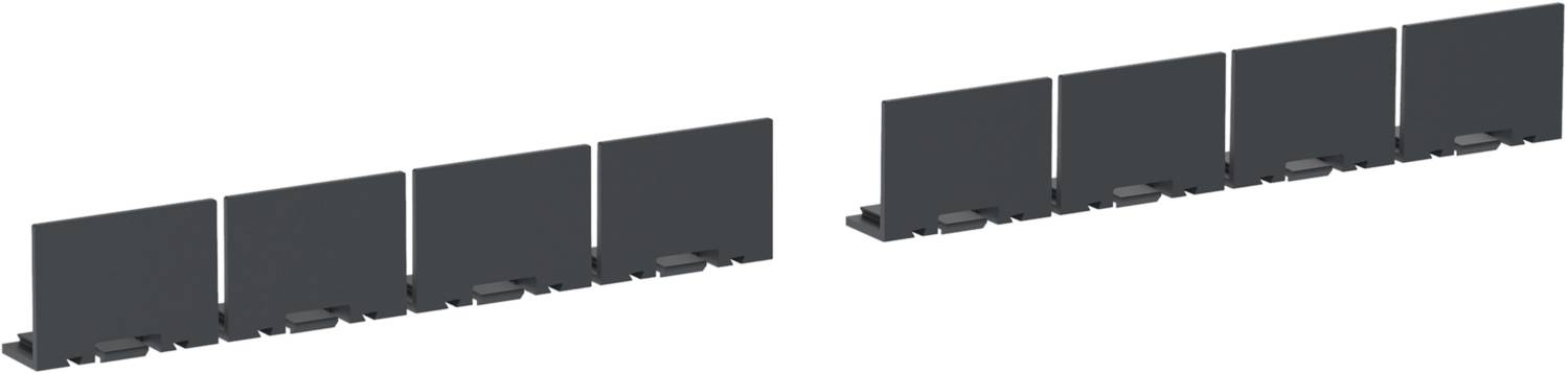 Zwei Reihen von rechteckigen Platten, eine mit vier und die andere mit fünf Platten, nebeneinander in dunklem Grau.