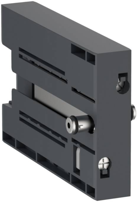 Schwarzes Kunststoffscharnier mit Metallteilen, rechteckige Form, seitliche Öffnung. Verwendet in Maschinenbauanwendungen.