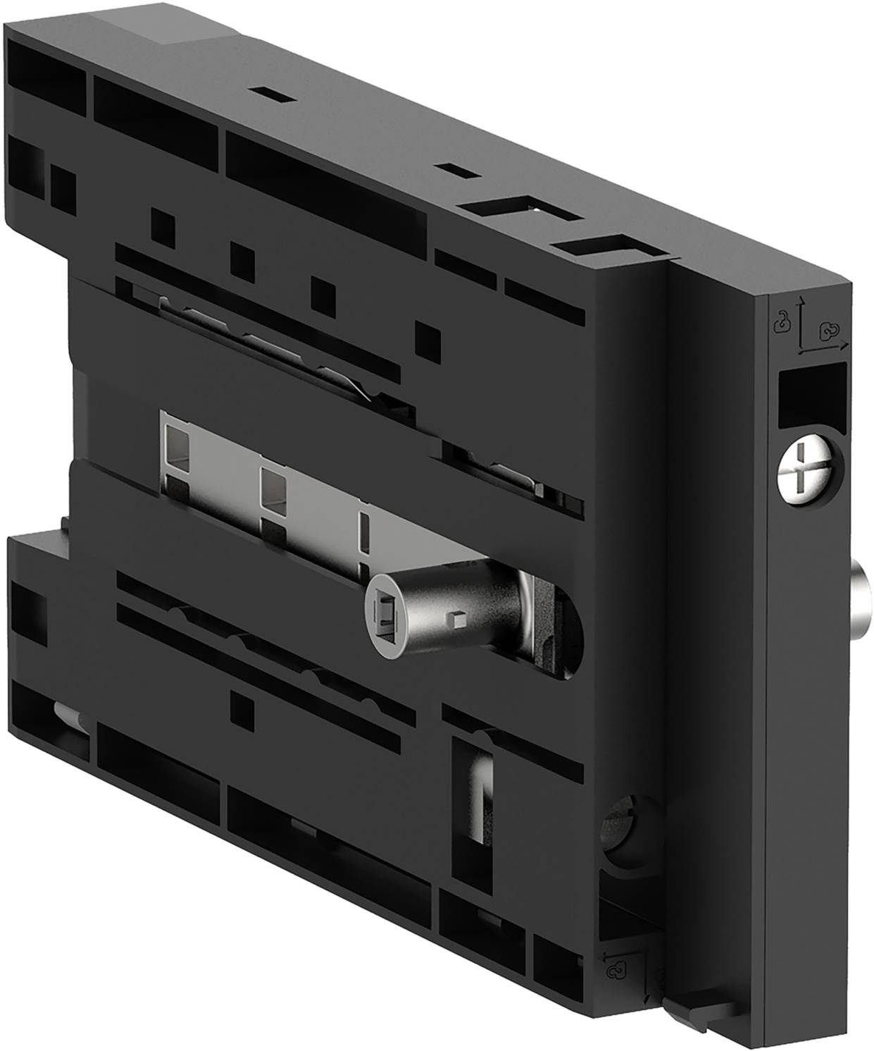 Ein schwarzes, rechteckiges technisches Bauteil mit mehreren Schlitzen und einem zylindrischen Metallbolzen in der Mitte.