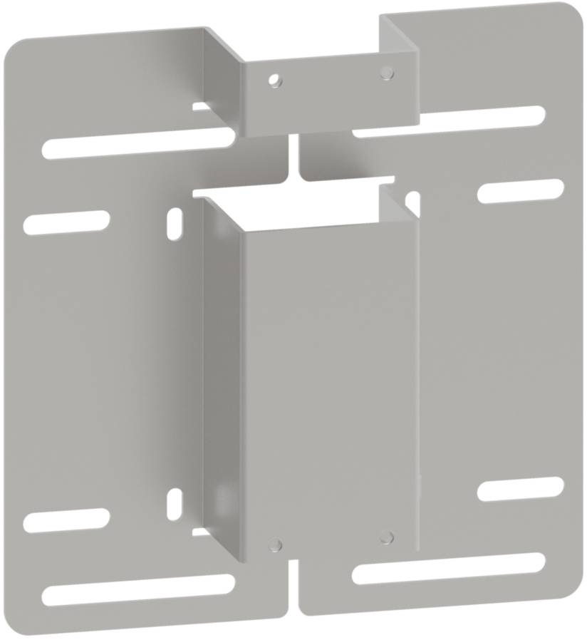 Graues Metallbefestigungsteil mit rechteckigen Öffnungen, symmetrisch gestaltet. Geeignet zur Wandmontage von Geräten oder Strukturen.