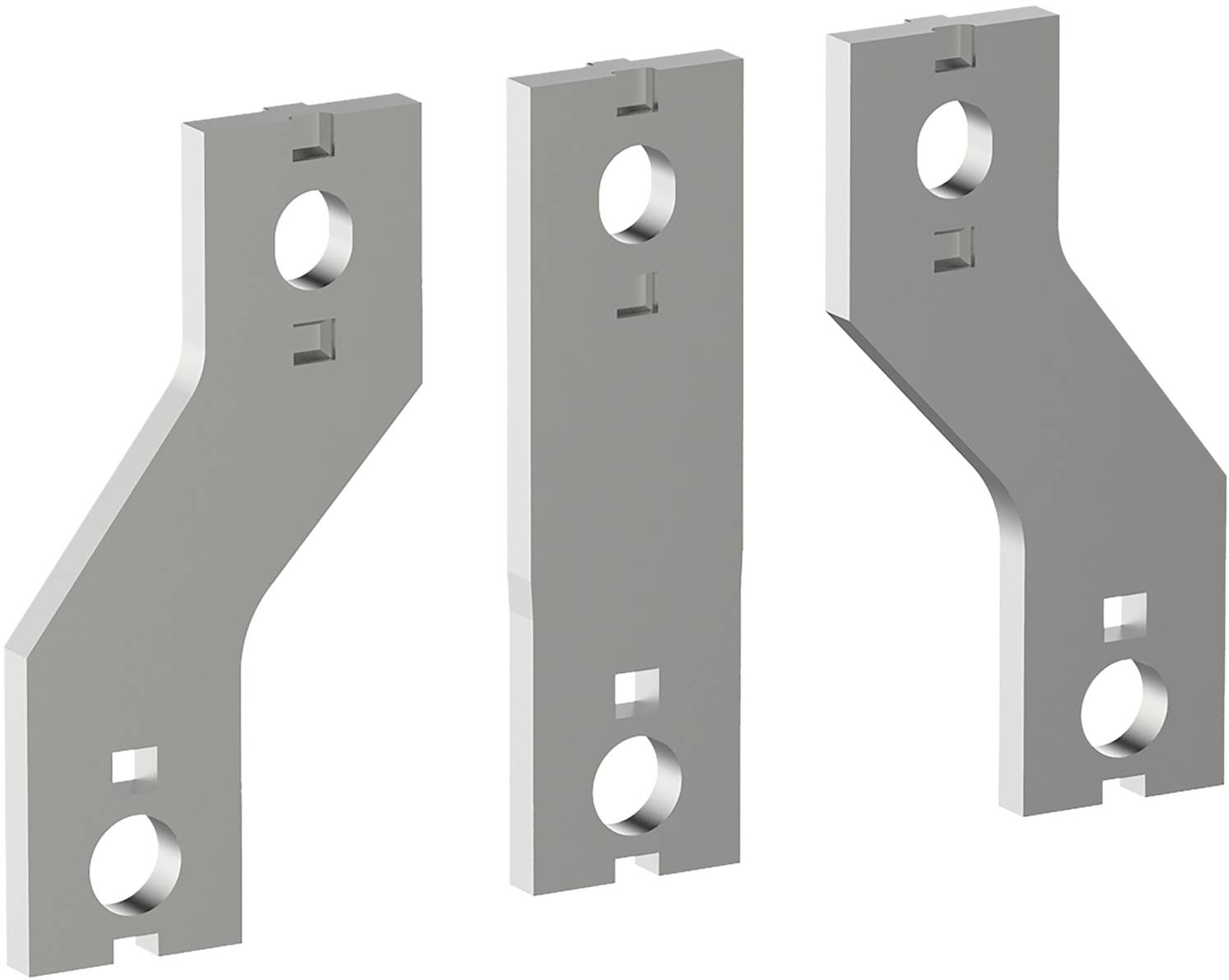 Drei silberne, winkelförmige Metallteile mit Löchern an beiden Enden und in der Mitte, auf hellem Hintergrund nebeneinander angeordnet.