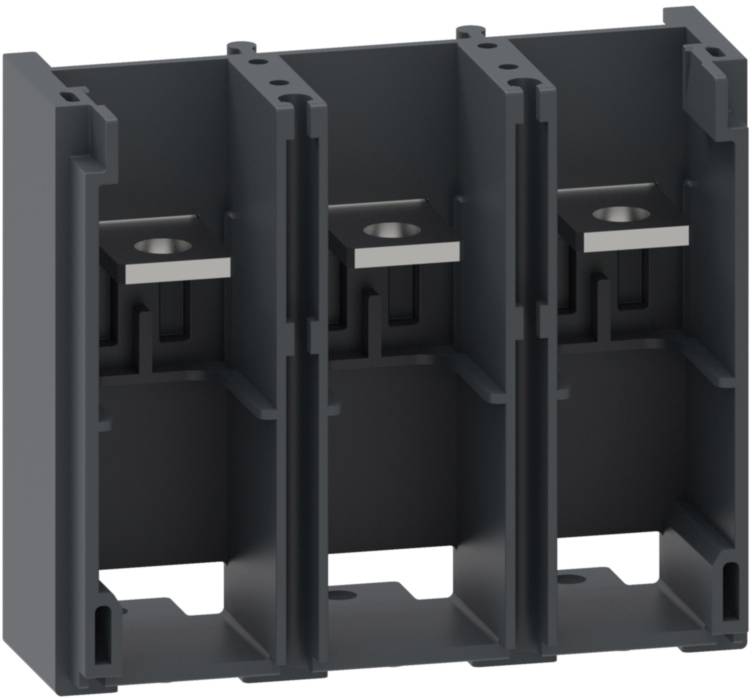 Ein graues, rechteckiges Gehäuse mit drei getrennten Kammern, geeignet für elektrische Schaltkreise oder Modulmontage.