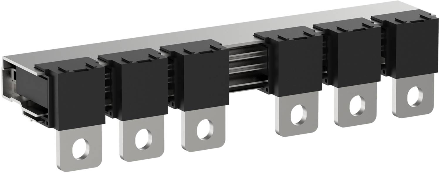 Ein elektrisches Bauteil mit mehreren Metalllaschen in einer Reihe. Es handelt sich um eine Brückengleichrichter- oder Diodenbank-Verbindung.