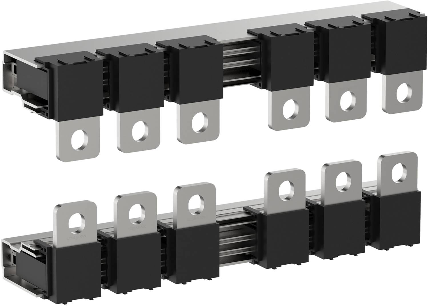 Zwei Reihen von elektrischen Anschlussklemmen mit schwarzen Gehäusen und silbernen Metallverbindungen.