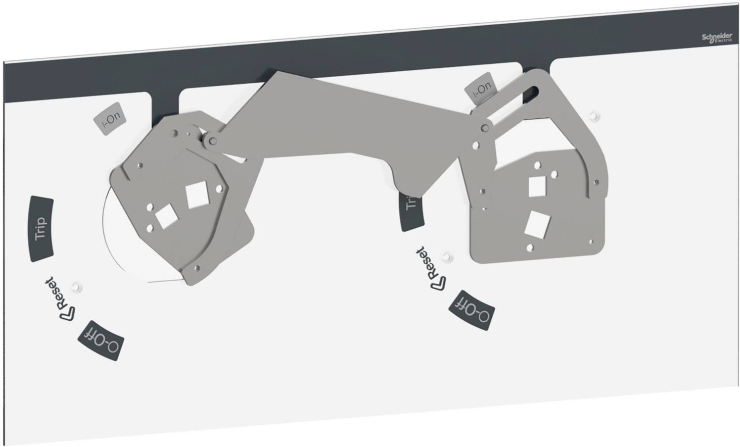 Ein Schalterpanel mit Hebeln markiert mit 'Trip', 'Ion', 'Off', 'Reset'.  Design von Schneider.