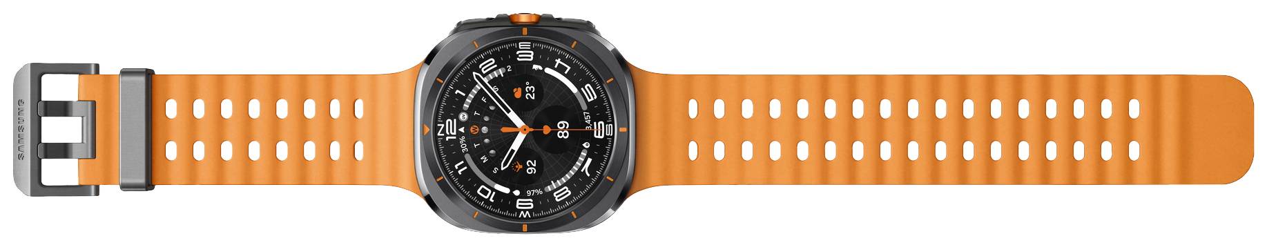 Eine schwarze Smartwatch mit rundem Zifferblatt und orangefarbenem Armband, zeigt die Uhrzeit und diverse Funktionsanzeigen an.