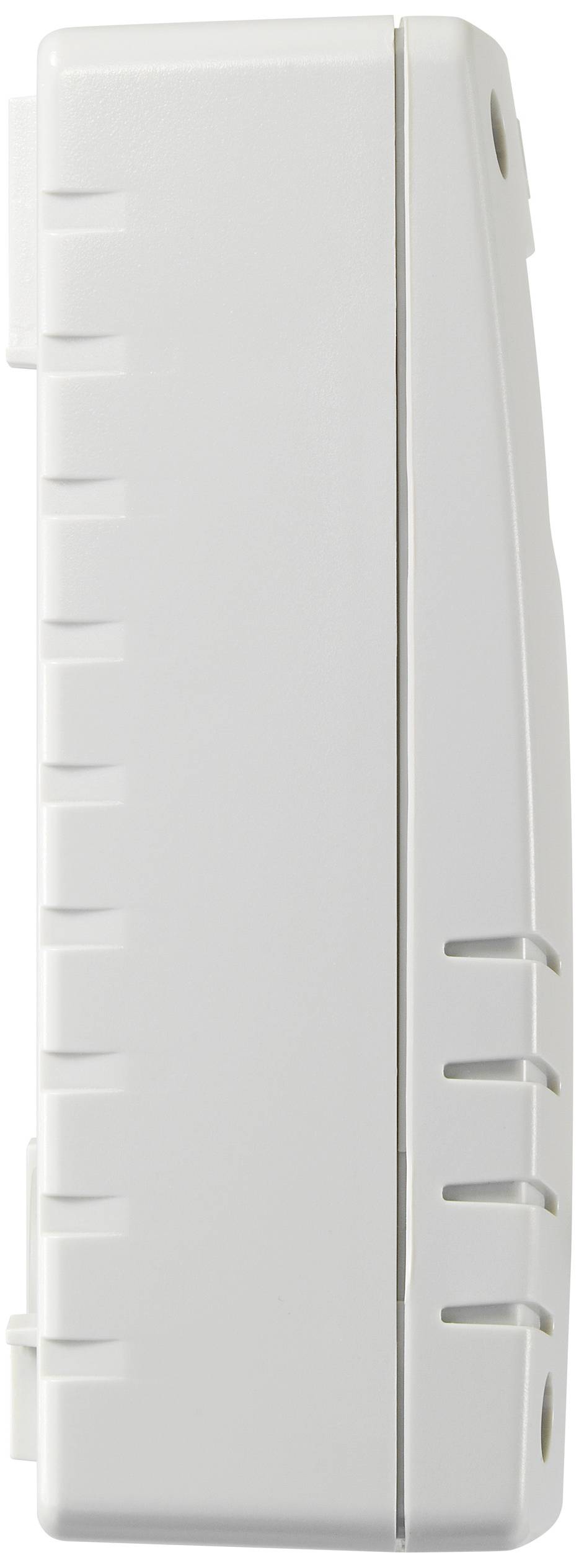 Ein weißes, rechteckiges Kunststoffgerät mit geripptem Design an den Seiten, vertikal stehend.