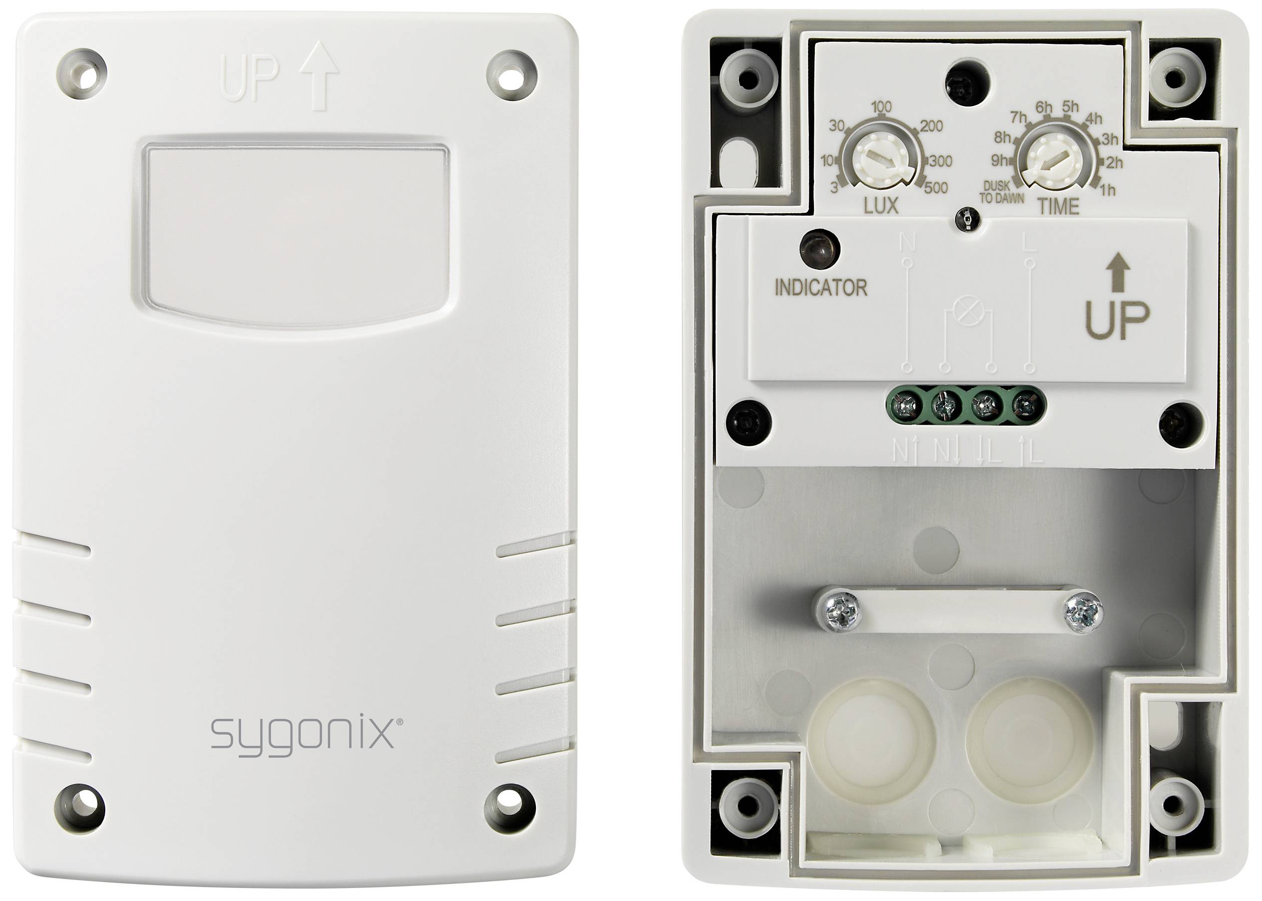 Ein weißer Bewegungsmelder von sygonix, abgebildet von vorne und hinten. Die Rückseite zeigt Regler für Lichtstärke (LUX) und Zeit (TIME).