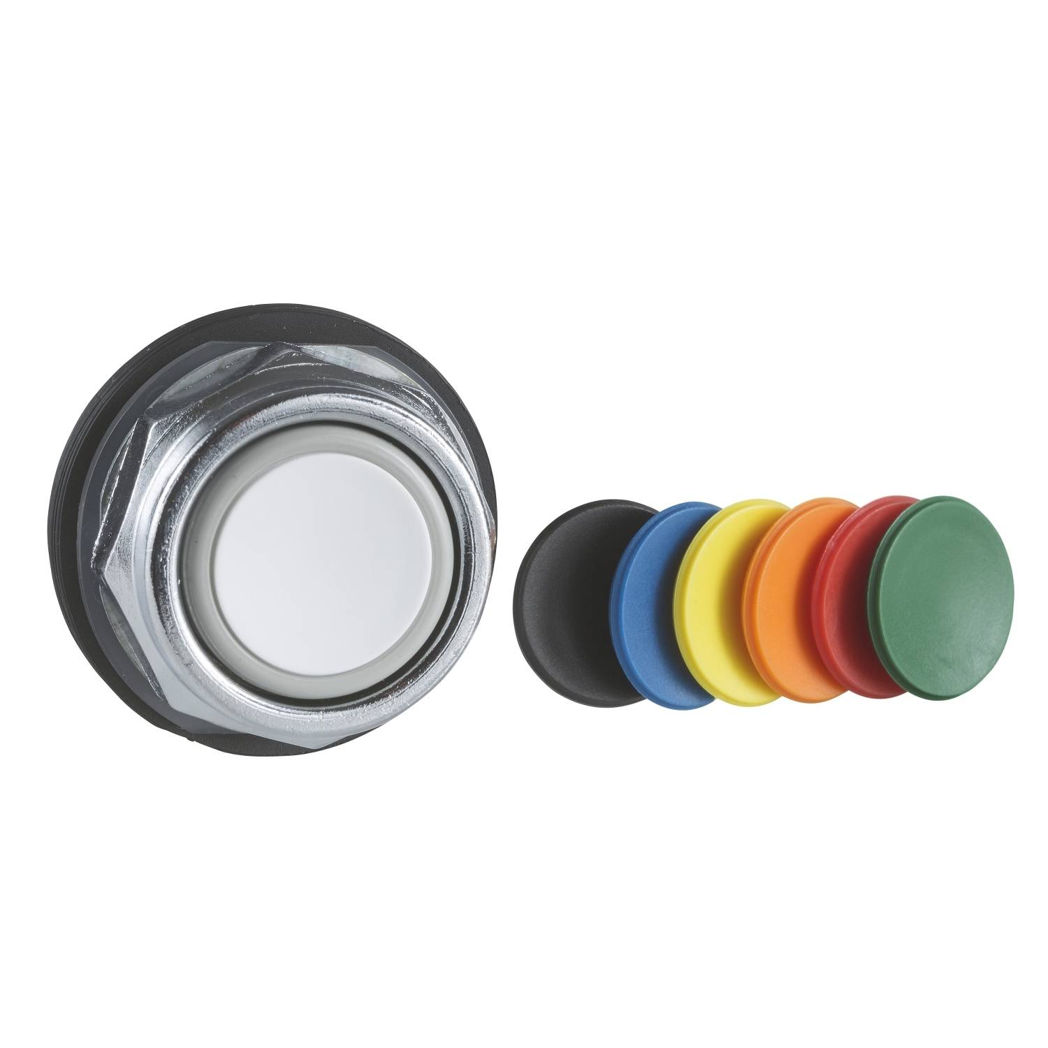 Ein weißer Knopf neben sechs Ersatzkappen in verschiedenen Farben: schwarz, blau, gelb, orange, rot und grün.