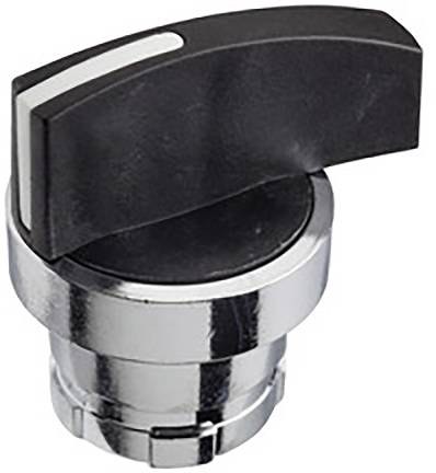 Schwarzer Drehknopf auf glänzendem Metallsockel, verwendet zur Bedienung von Geräten oder Maschinen.